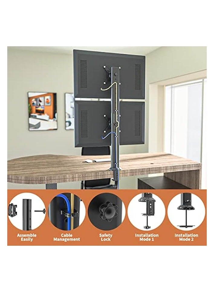 erorex Dual Monitor Articulating Desk Mount Arm Stand - Vertical Stack Screen Supports Two 13 to 34 Inch Computer Monitors with C Clamp - Image 3