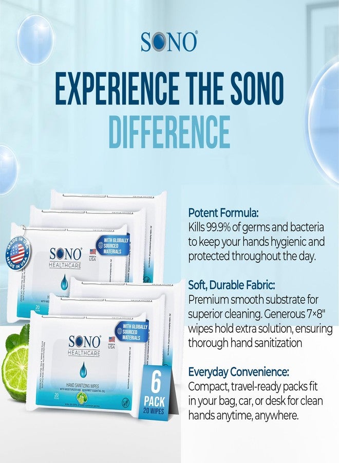 SONO Alcohol-Free Sanitizing Hand Wipes with Bergamot & Aloe Essential Oil - Hospital-Grade Disinfectant - Individually Wrapped Travel Size - 6 Packs of 20 - Gentle Cleaning & Germ Protection Anywhere - Image 4
