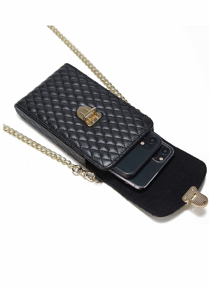 SYOSI Cell Phone Bag Women Crossbody Small Shoulder Handbags Luxury Quilted Wallet Purse Soft Vegan PU Leather Case Ladies Dating Bag with Gold Chain Strap (Black)  - Image 4