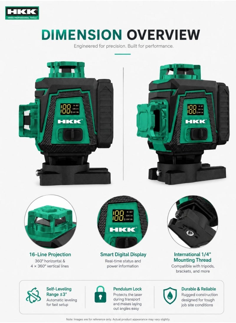 HKK 16-Line Laser Level 515nm Green Beam, ±1mm/7m High Accuracy, Self-Leveling ±3°, IP54 Dust & Water Resistant, 4500mAh Rechargeable Battery, Remote Control & 1/4 Inch Mount - Image 3