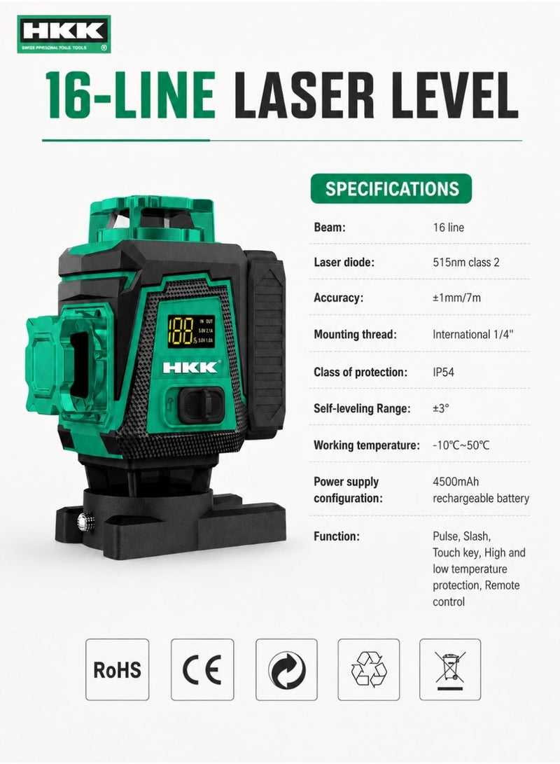 HKK 16-Line Laser Level 515nm Green Beam, ±1mm/7m High Accuracy, Self-Leveling ±3°, IP54 Dust & Water Resistant, 4500mAh Rechargeable Battery, Remote Control & 1/4 Inch Mount - Image 5