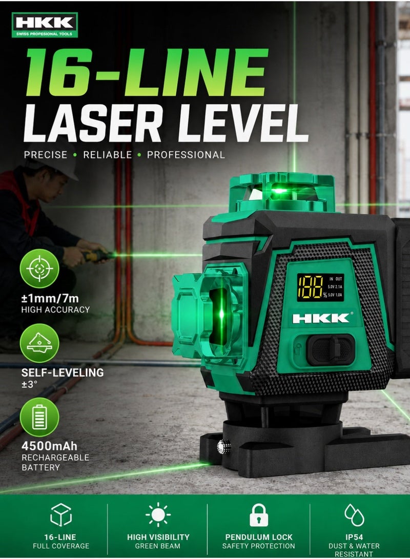 HKK 16-Line Laser Level 515nm Green Beam, ±1mm/7m High Accuracy, Self-Leveling ±3°, IP54 Dust & Water Resistant, 4500mAh Rechargeable Battery, Remote Control & 1/4 Inch Mount - Image 1