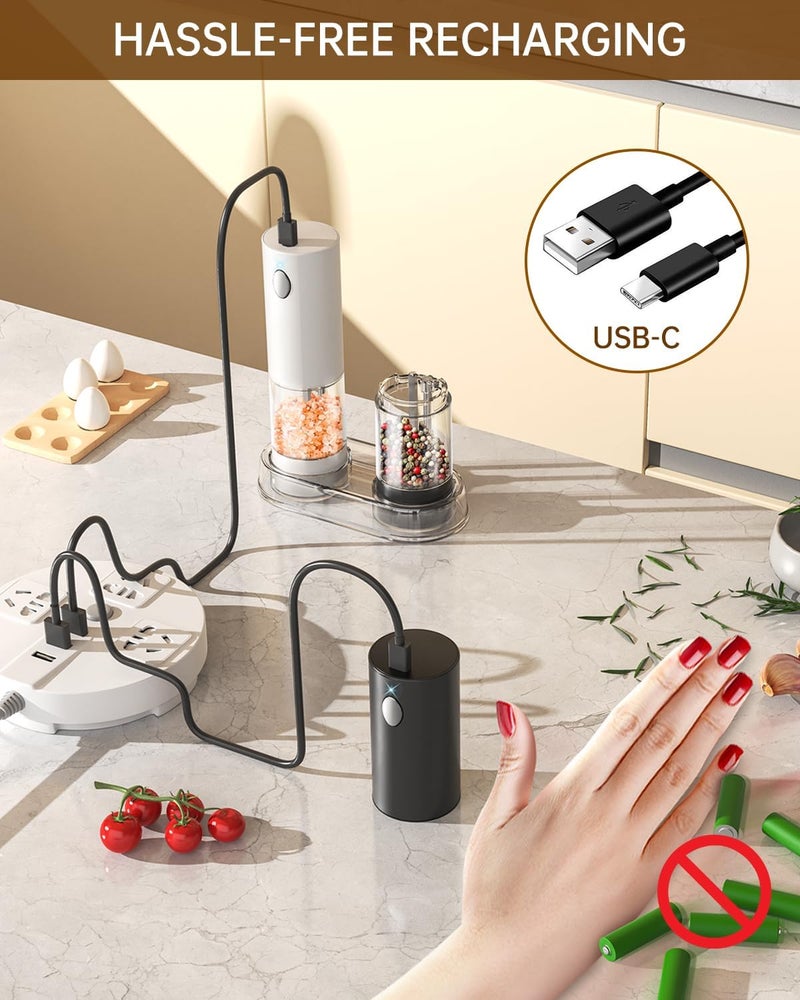 CircleJoy Electric Salt and Pepper Grinder Set Rechargeable Salt and Pepper Mills with Storage Base, Adjustable Coarseness and LED White Light, Washable 95ml Container, Black & White - Image 4