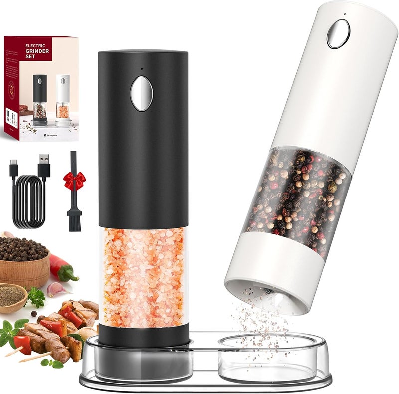 CircleJoy Electric Salt and Pepper Grinder Set Rechargeable Salt and Pepper Mills with Storage Base, Adjustable Coarseness and LED White Light, Washable 95ml Container, Black & White - Image 1