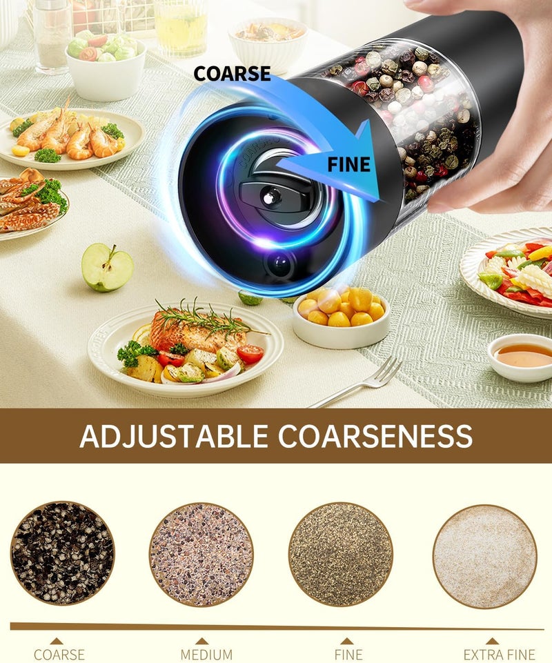 CircleJoy Electric Salt and Pepper Grinder Set Rechargeable Salt and Pepper Mills with Storage Base, Adjustable Coarseness and LED White Light, Washable 95ml Container, Black & White - Image 2