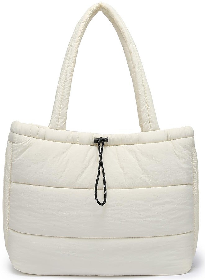 Queenoris Puffer Tote Bag for Women, Large Quilted Lightweight Satchel Purse Travel Gym Bag (Beige) - Image 1