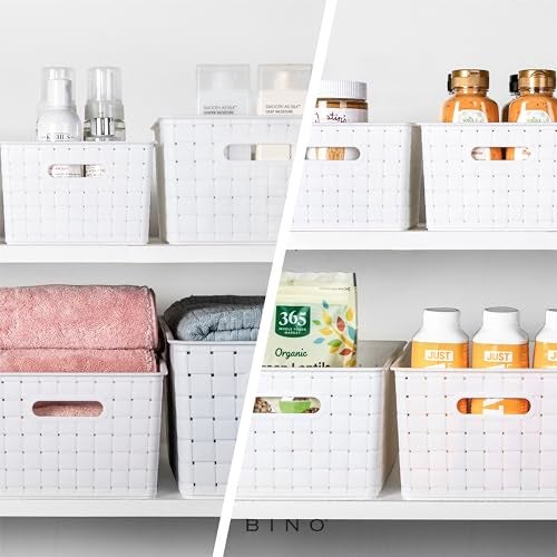BINO | Plastic Storage Baskets Small - White | THE STABLE COLLECTION | Multi-Use Storage | Rectangular Cabinet Organizer | Baskets For Organizing with Handles | Home Office Organization and Storage - Image 4