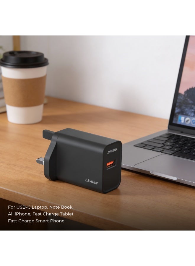 ERD شاحن سريع ERD TCU-665 68W بتقنية GaN مع كابل USB-A إلى USB-C | تقنية نيتريد الغاليوم عالية الكفاءة | توافق عالمي مع MacBook Air و iPhone 15/14/13 Pro Max و iPad و Samsung Galaxy وأجهزة الكمبيوتر المحمولة USB-C | محول سفر فائق الصغر مع حماية متعددة الطبقات (أسود) - Image 4