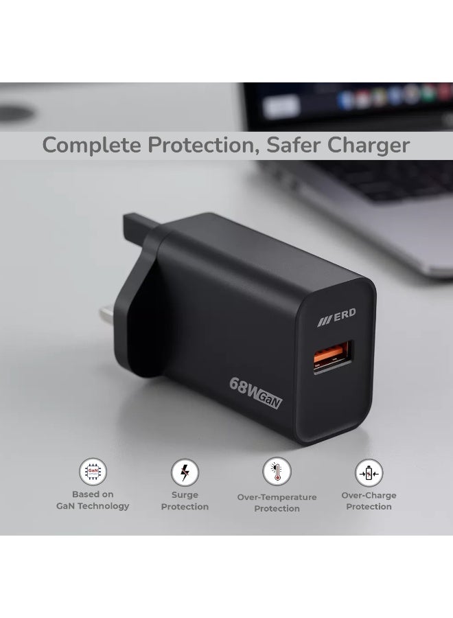 ERD شاحن سريع ERD TCU-665 68W بتقنية GaN مع كابل USB-A إلى USB-C | تقنية نيتريد الغاليوم عالية الكفاءة | توافق عالمي مع MacBook Air و iPhone 15/14/13 Pro Max و iPad و Samsung Galaxy وأجهزة الكمبيوتر المحمولة USB-C | محول سفر فائق الصغر مع حماية متعددة الطبقات (أسود) - Image 3