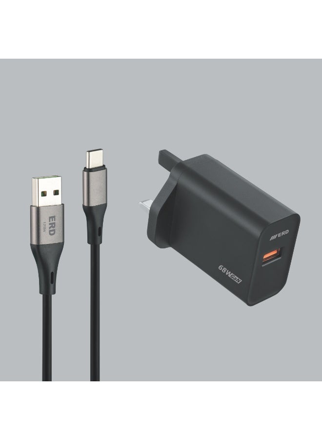 ERD شاحن سريع ERD TCU-665 68W بتقنية GaN مع كابل USB-A إلى USB-C | تقنية نيتريد الغاليوم عالية الكفاءة | توافق عالمي مع MacBook Air و iPhone 15/14/13 Pro Max و iPad و Samsung Galaxy وأجهزة الكمبيوتر المحمولة USB-C | محول سفر فائق الصغر مع حماية متعددة الطبقات (أسود) - Image 2