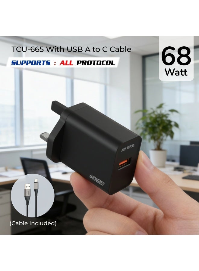 ERD شاحن سريع ERD TCU-665 68W بتقنية GaN مع كابل USB-A إلى USB-C | تقنية نيتريد الغاليوم عالية الكفاءة | توافق عالمي مع MacBook Air و iPhone 15/14/13 Pro Max و iPad و Samsung Galaxy وأجهزة الكمبيوتر المحمولة USB-C | محول سفر فائق الصغر مع حماية متعددة الطبقات (أسود) - Image 1