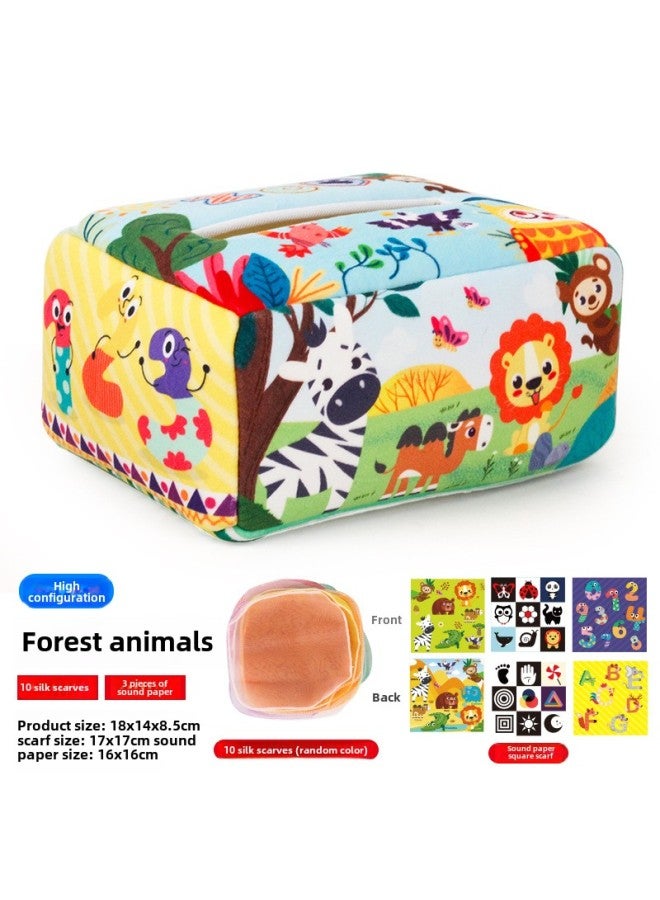 Baby Early Education Cloth Book Tissue Box Ring Paper Square Towel Cognitive Animal English Tear Not To Rip Children's Tissue Toy-Color:950-1 High With Forest Animal Tissue Box 10 Silk Scarf Random Color +3 Square Towel 81.4G  - Image 1