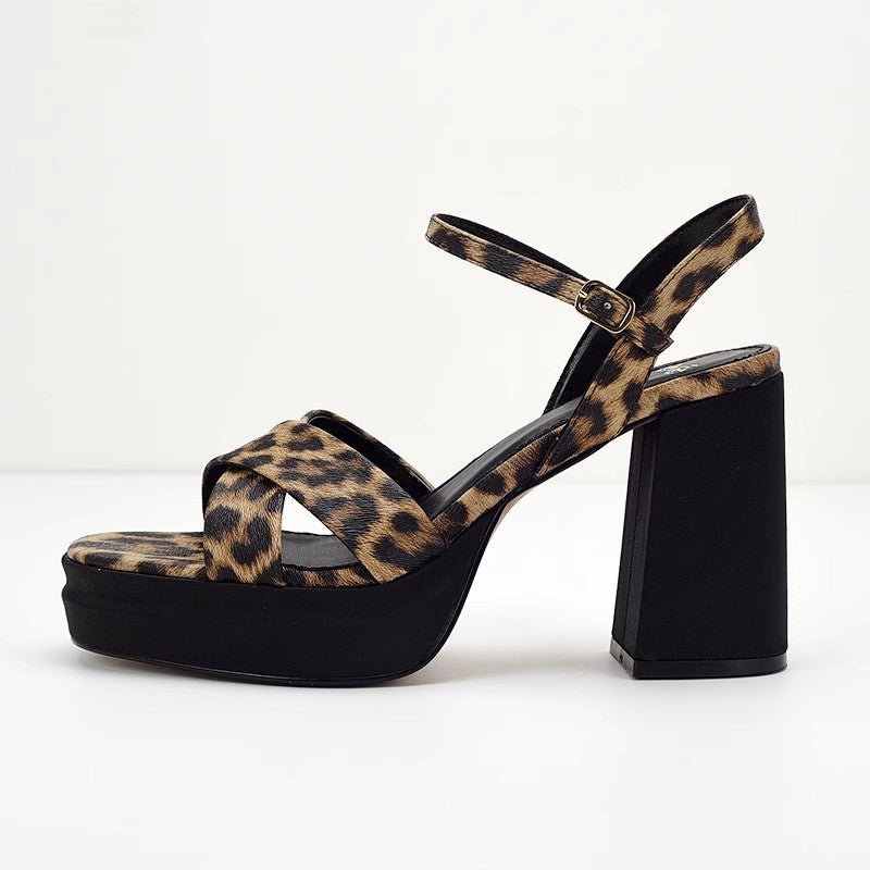 Women's Satin Square Toe Block Heel Ankle Strap Leopard Print Sandals - Image 2