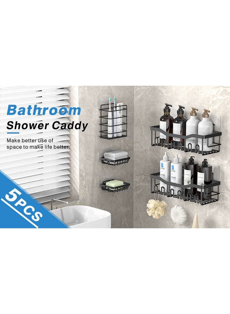 تخزين الحمام والدش رف تخزين أسود 5 قطع، مناسب لحوض الحمام وغرفة الاستحمام المثبتة على الحائط ورف تخزين داخلي للحمام، رف تخزين الحمام اللاصق لا حاجة إلى تحويل الثقوب، رف تخزين كبير من الفولاذ المقاوم للصدأ مقاوم للصدأ - Image 4