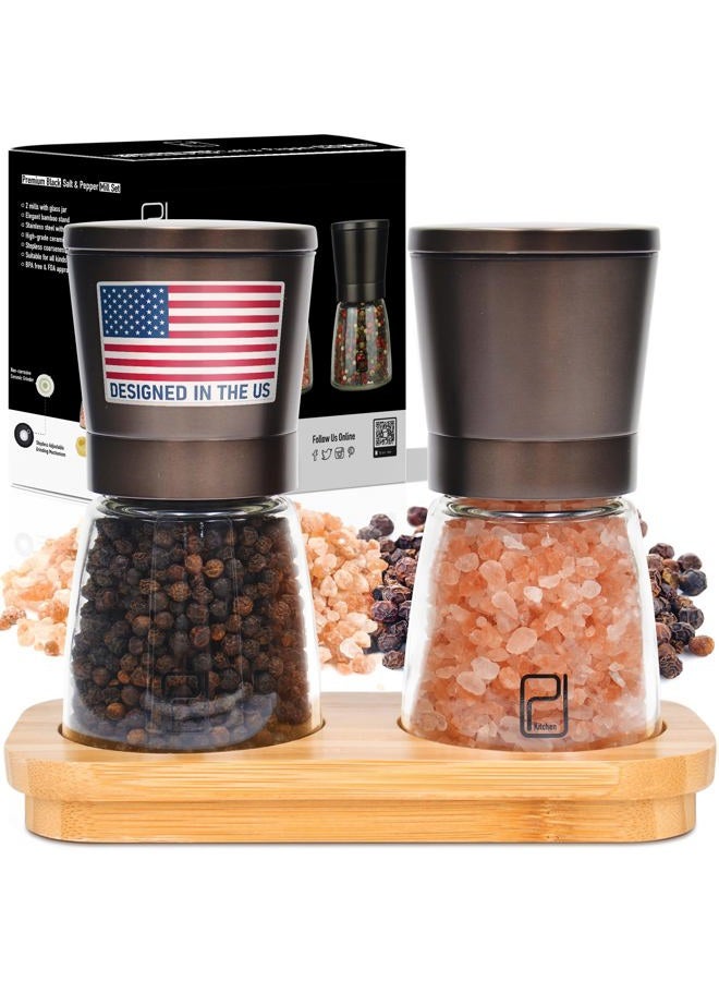 PJCKitchen Premium Salt and Pepper Grinder Set w/Bamboo Holder - 5 oz, Black Bronze Stainless Steel - S&P Spice Shakers - Refillable & Adjustable Coarseness Hand Mill for Spices & Seasonings - by PJC-Kitchen - Image 1