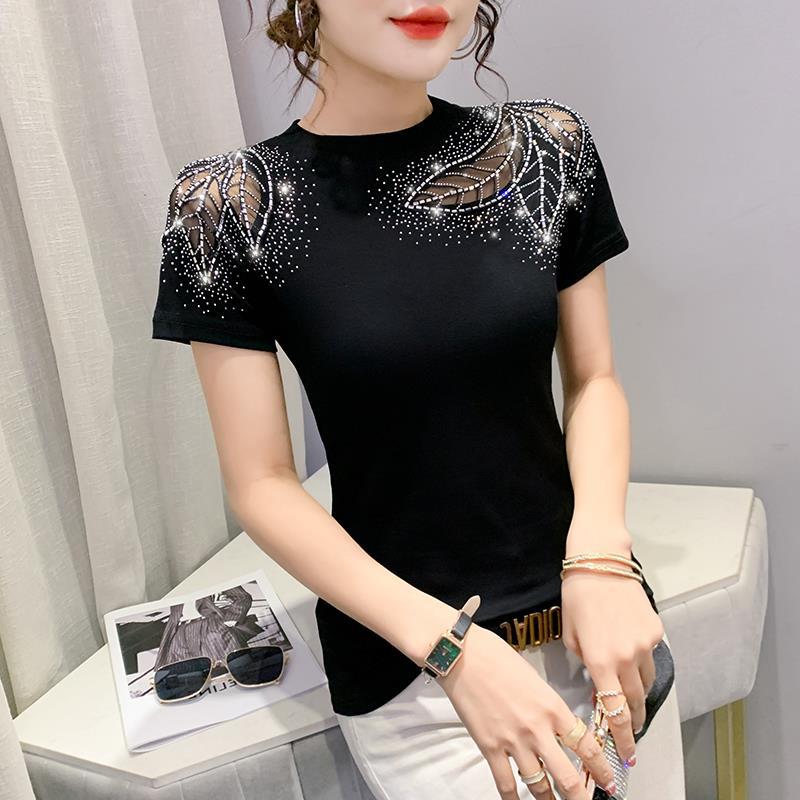 Of 2024 European Station Short-Sleeved Round Neck Fashionable Cut Out Lace Diamond Slim Slim T-Shirt For Women - Image 3