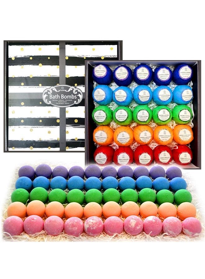 Purelis Relaxing Bath Bombs for Men & Women! 50 Wholesale Bath Bombs Individually Wrapped. Bulk Aromatherapy Essential Oil Bath Bombs for Adults Teens Kids! Bath Fizzies #1 Best Pampering Gifts for Women! - Image 1