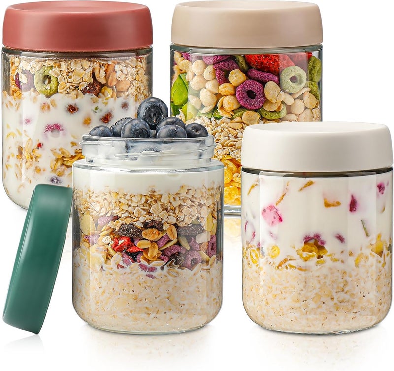 DIMBRAH Overnight Oats Containers with Lids,16oz Glass Jars with Lids - Set Of 4, Practical Oatmeal Container to Go, Chia Seed Pudding Jars, Baby Food Containers - Image 1