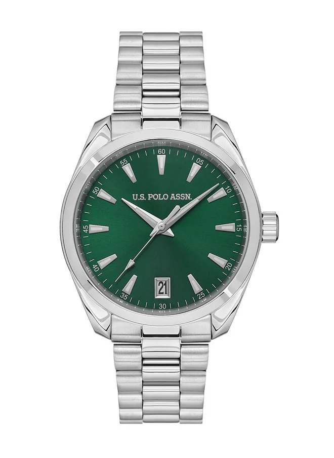 U.S. Polo Assn. U.S. Polo Assn. Fundamental 41mm Green Dial Watch with Silver Accents and Stainless Steel Band - USPA1095-05, Classic Elegance Redefined