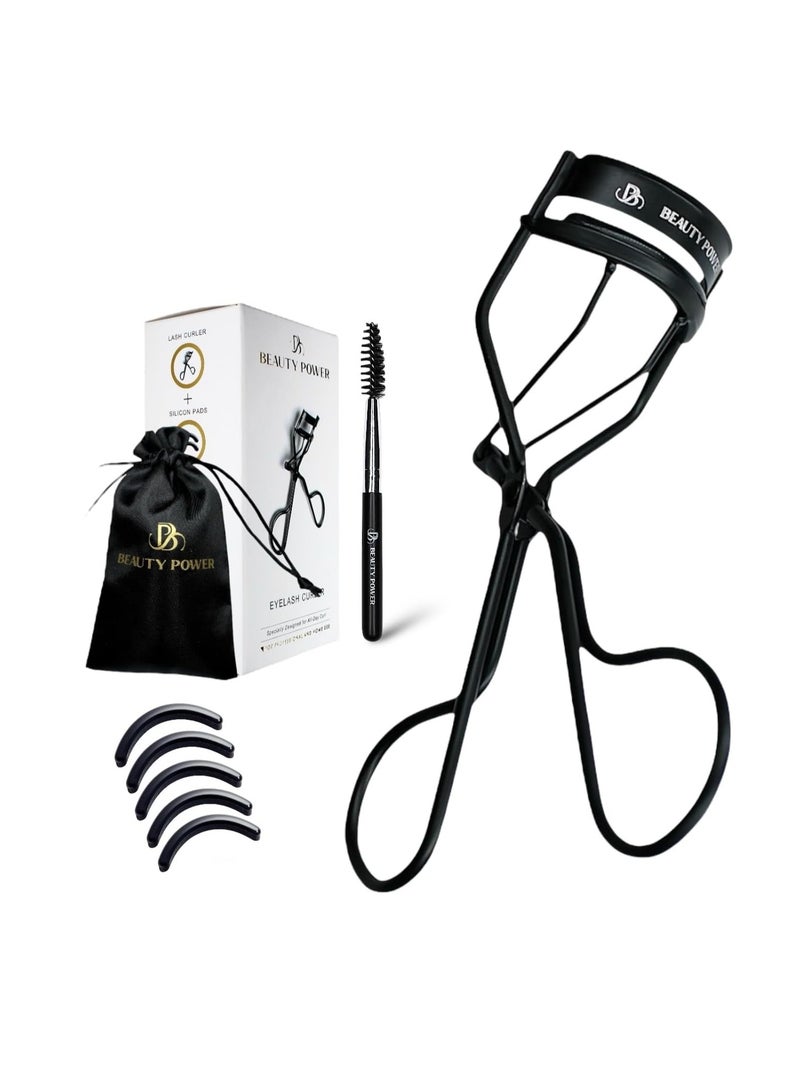Beauty Power Eyelash Curler with 5 Replacement Pads, Brush for Eyebrows, Sating Travel Bag - Perfect Curls/Lash Lift in Seconds - Gentle & Safe - German Stainless Steel (Black) - Image 1