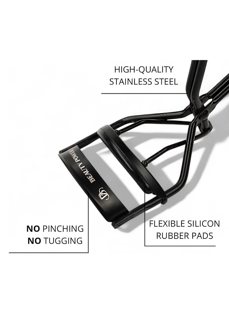 Beauty Power Eyelash Curler with 5 Replacement Pads, Brush for Eyebrows, Sating Travel Bag - Perfect Curls/Lash Lift in Seconds - Gentle & Safe - German Stainless Steel (Black) - Image 3