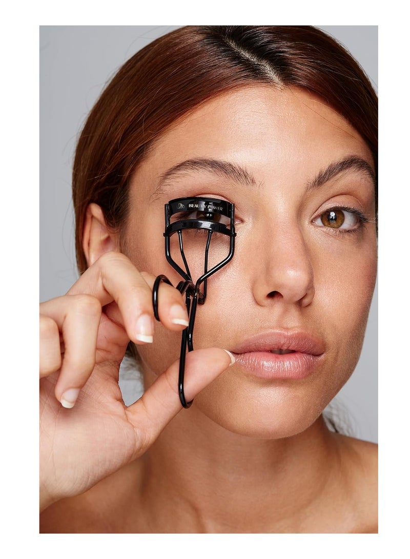 Beauty Power Eyelash Curler with 5 Replacement Pads, Brush for Eyebrows, Sating Travel Bag - Perfect Curls/Lash Lift in Seconds - Gentle & Safe - German Stainless Steel (Black) - Image 4