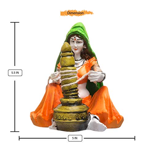 Karigaari India Rajasthani Lady with Chaas Polyresin Showpiece Traditional Indian Woman Figurine for Home Decor Living Room Office Table Ethnic Sculpture Handcrafted Gift Item Orange Green 20 cm - Image 3
