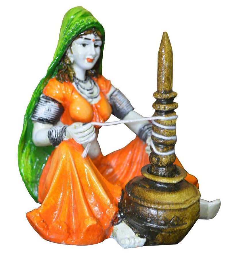 Karigaari India Rajasthani Lady with Chaas Polyresin Showpiece Traditional Indian Woman Figurine for Home Decor Living Room Office Table Ethnic Sculpture Handcrafted Gift Item Orange Green 20 cm - Image 5