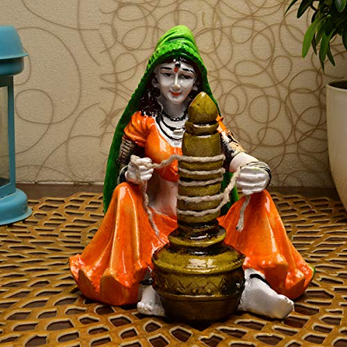 Karigaari India Rajasthani Lady with Chaas Polyresin Showpiece Traditional Indian Woman Figurine for Home Decor Living Room Office Table Ethnic Sculpture Handcrafted Gift Item Orange Green 20 cm - Image 2