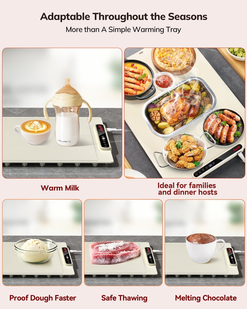 LAUDLIFE Food Warming Mat 24x16 Inches, Electric Warming Tray with 7 Temps, Foldable Food Warmer for Parties, Buffets, Family Gatherings, Holiday & Sabbath, Child Lock, Heating Mat for Food, Beige - Image 2
