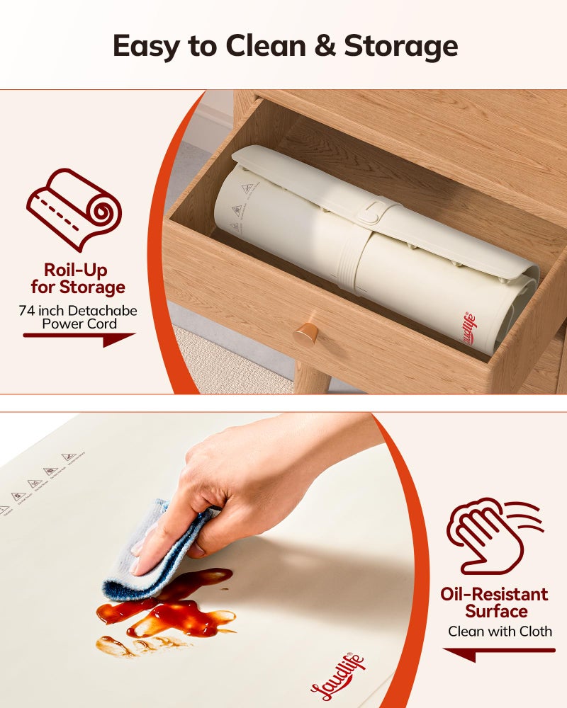 LAUDLIFE Food Warming Mat 24x16 Inches, Electric Warming Tray with 7 Temps, Foldable Food Warmer for Parties, Buffets, Family Gatherings, Holiday & Sabbath, Child Lock, Heating Mat for Food, Beige - Image 5