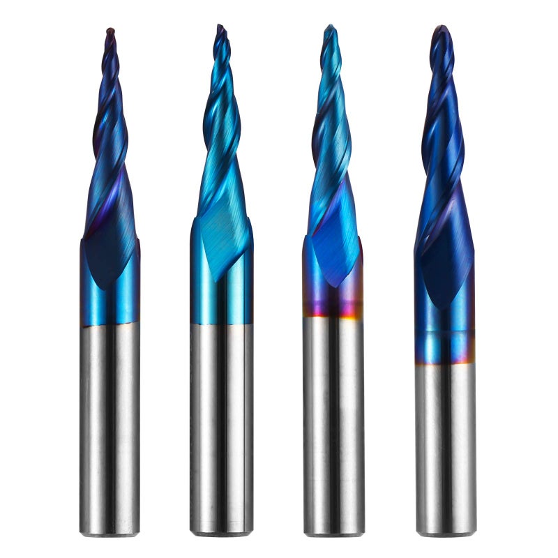 Genmitsu 4pcs 2-Flute Tapered Ball Nose Spiral End Mill, Nano Blue Coating Tungsten Carbide CNC Router Bits, 2D and 3D Engraving Carving Woodworking Bits, R0.25-1.0, 1/4'' Shank, TB04B - Image 1
