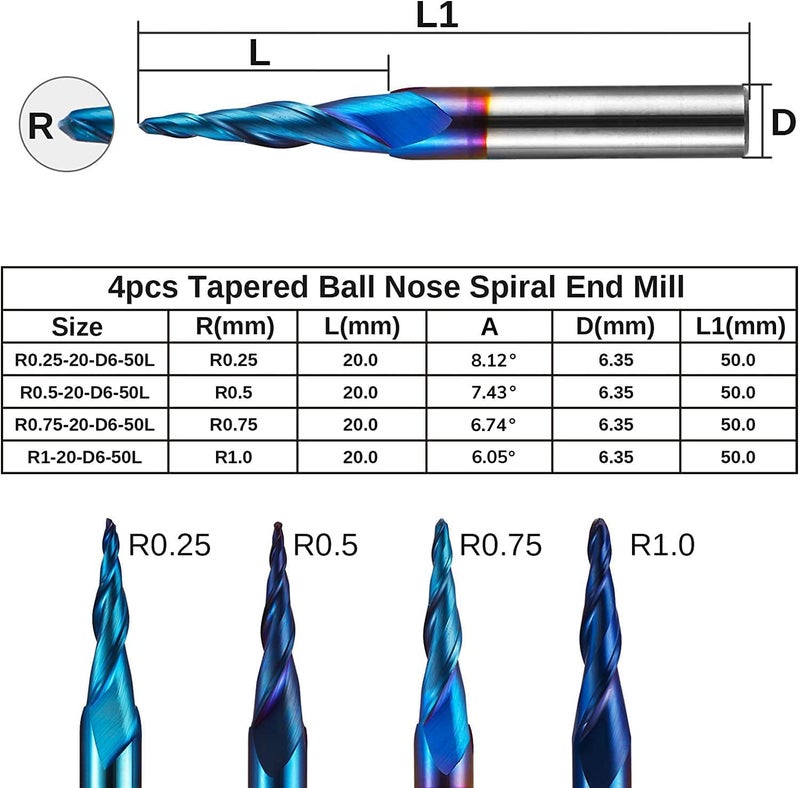 Genmitsu 4pcs 2-Flute Tapered Ball Nose Spiral End Mill, Nano Blue Coating Tungsten Carbide CNC Router Bits, 2D and 3D Engraving Carving Woodworking Bits, R0.25-1.0, 1/4'' Shank, TB04B - Image 3