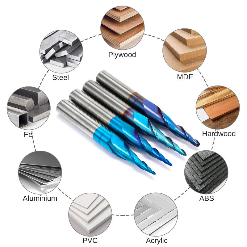Genmitsu 4pcs 2-Flute Tapered Ball Nose Spiral End Mill, Nano Blue Coating Tungsten Carbide CNC Router Bits, 2D and 3D Engraving Carving Woodworking Bits, R0.25-1.0, 1/4'' Shank, TB04B - Image 4