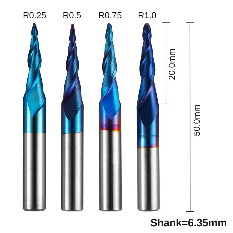 Genmitsu 4pcs 2-Flute Tapered Ball Nose Spiral End Mill, Nano Blue Coating Tungsten Carbide CNC Router Bits, 2D and 3D Engraving Carving Woodworking Bits, R0.25-1.0, 1/4'' Shank, TB04B - Image 2