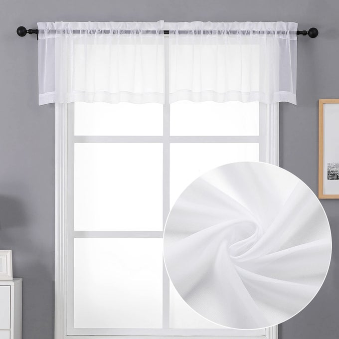 SHEER WHITE VALANCES FOR WINDOWS 2 PACK SMALL WINDOW CURTAINS FOR LIVING ROOM BATHROOM CAFE LAUNDRY BASEMENT MODERN TOP DUAL ROD POCKET VOILE CURTAIN 42W X 14L INCHES WHITE