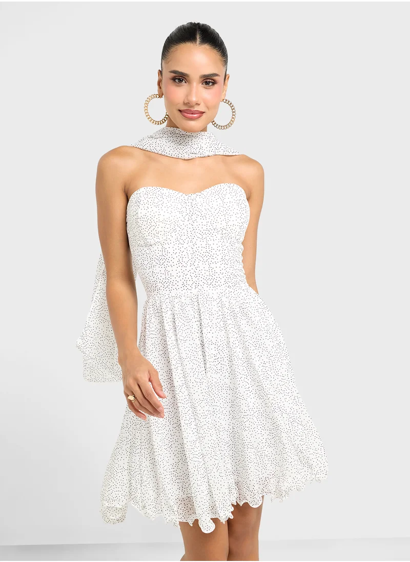 جينجر Bandeau Corset Bodice Polka Dot Dress With Scarf
