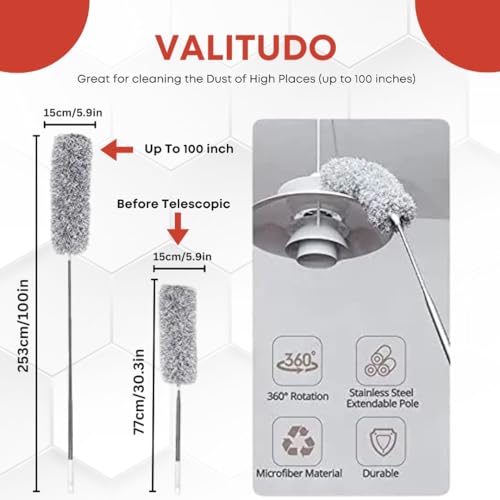 VALITUDO® Microfiber Long Feather Duster- Bendable & Detachable Fan Cleaning Duster with 100 inches Expandable Pole Handle, Washable, Stainless Steel Handle for Ceiling, Wall, Window Blinds, Furniture - Image 3