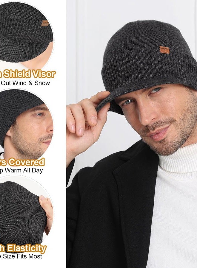 Wmcaps Mens Winter Beanie with Brim - Fleece Lined Thermal Knit Visor Hat for Cold Weather, Army Green, One size - Image 3