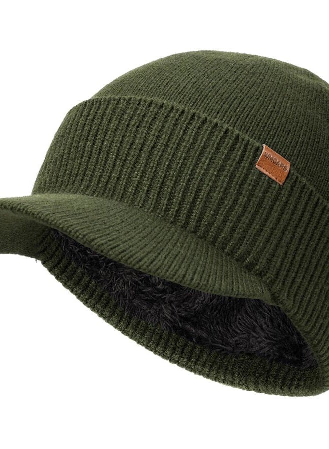 Wmcaps Mens Winter Beanie with Brim - Fleece Lined Thermal Knit Visor Hat for Cold Weather, Army Green, One size - Image 1