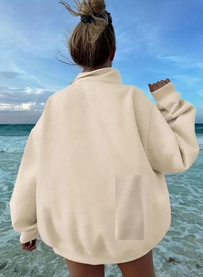 Take Two Take Two Beige Relaxed Fit Half-Zip Sweatshirt
