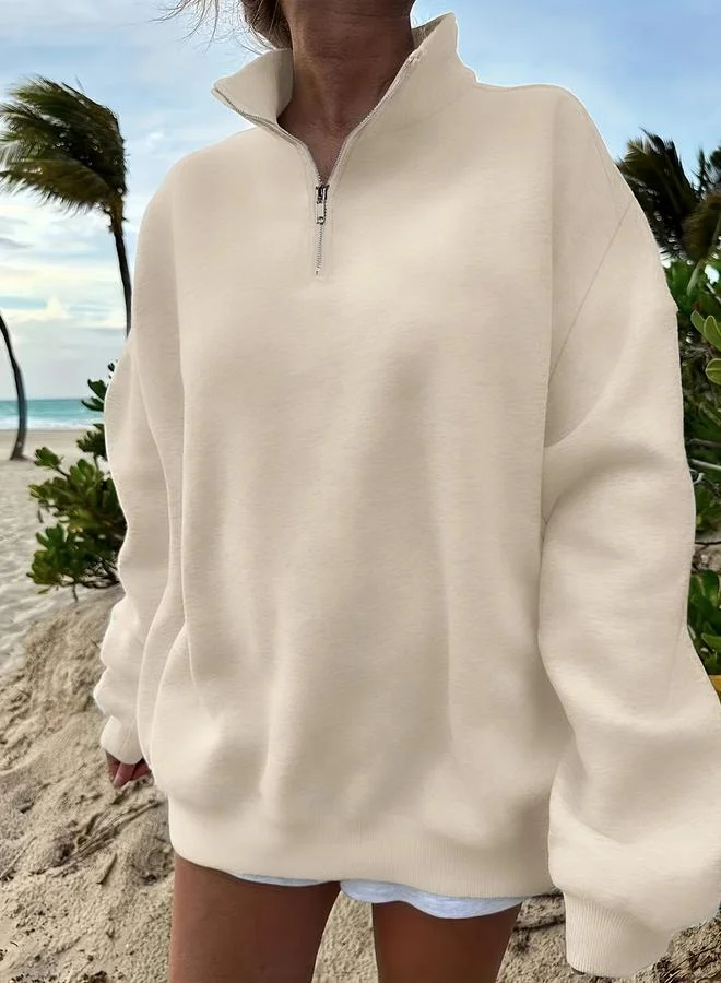 Take Two Take Two Beige Relaxed Fit Half-Zip Sweatshirt