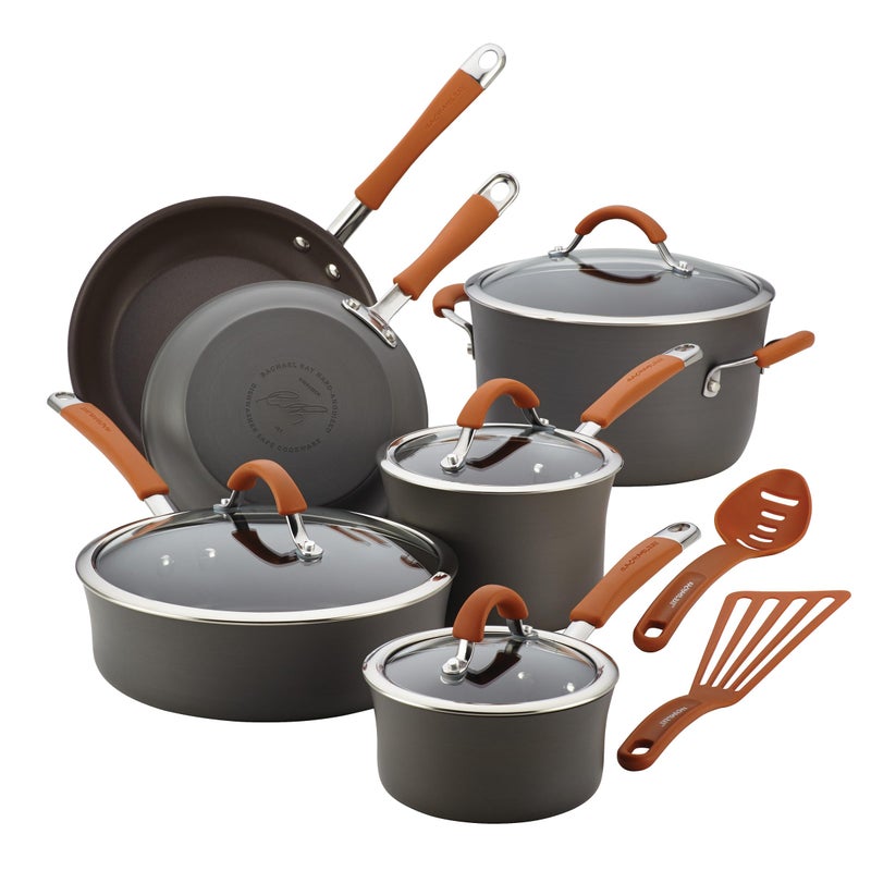 Rachael Ray Rachael Ray Cucina Dishwasher Safe Hard Anodized Nonstick Cookware Pots and Pans Set 12 Piece Gray with Orange Handles 