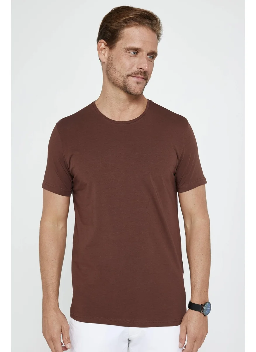 Tudors Men's Slim Fit Slim Cut Cotton Soft Texture Flexible Fabric Plain Basic Brown Crew Neck T-Shirt