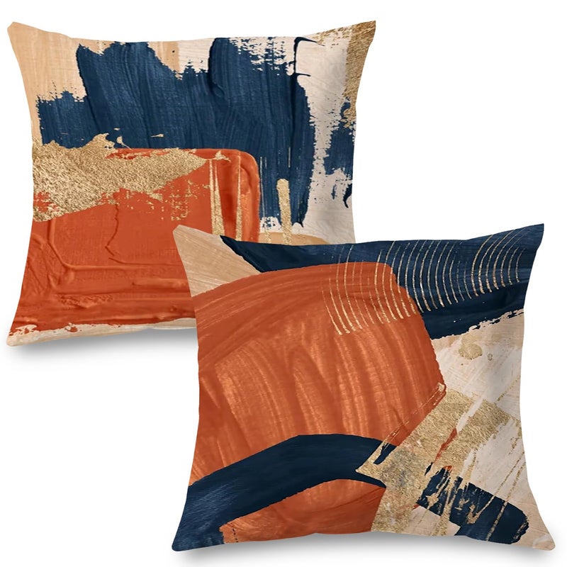 Supwhd Navy Blue Terracotta Gold and Orange Throw Pillow Covers 18x18 Set of 2,Modern Boho Abstract Art Pillow Covers for Bedroom Living Room, Modern Home Decor, Boho Room Decor - Image 1