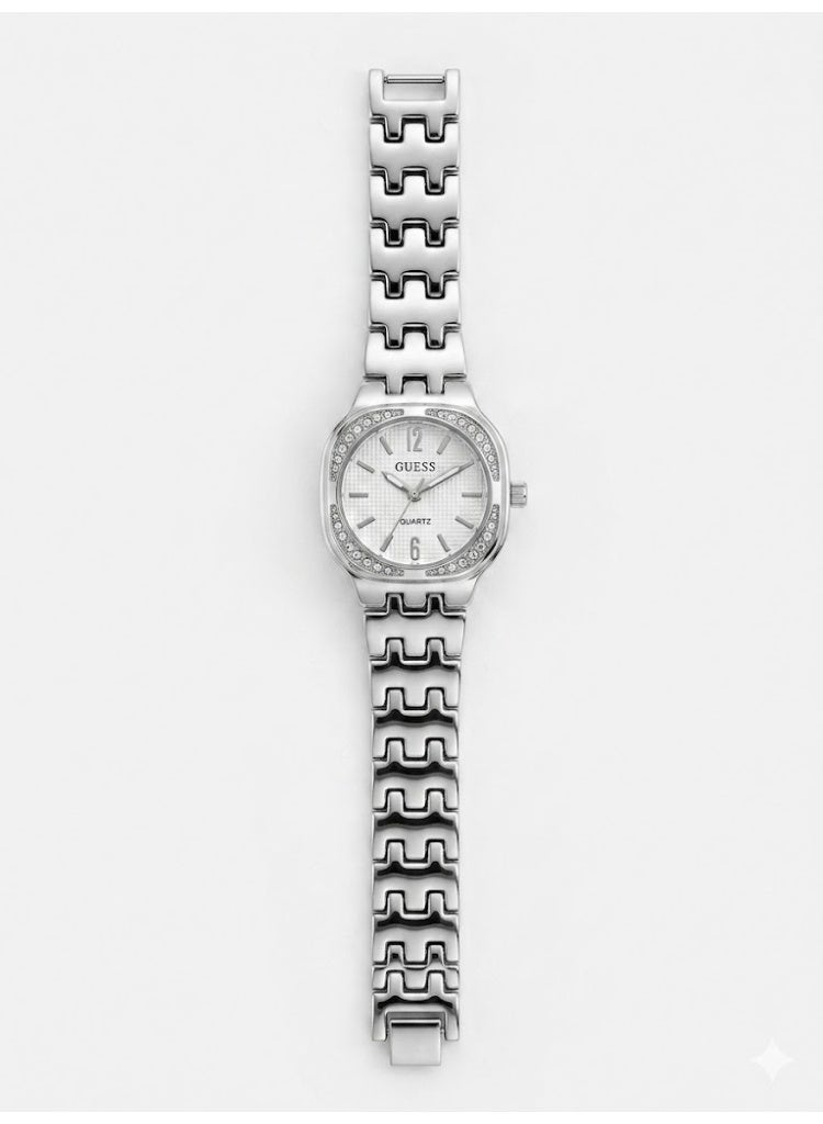 GUESS Women's Silver-Tone Dress Watch with Crystal Bezel and White Textured Dial - Image 1