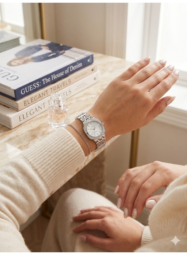 GUESS Women's Silver-Tone Dress Watch with Crystal Bezel and White Textured Dial - Image 2
