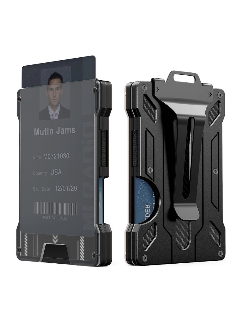 Furtey Wallet For Men Slim Aluminum Metal Money Clip with Transparent Work RFID Metal Wallet Work ID Card Holder Business Card Holder with Clear Window ID Badge Clip Cash Card Slim Minimalist Wallet (Black) - Image 1