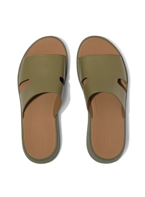 049-854 Fitflop Ladies F-Mode Raw-Edge Leather Flatform H-Bar Slides HM3-C14 Green