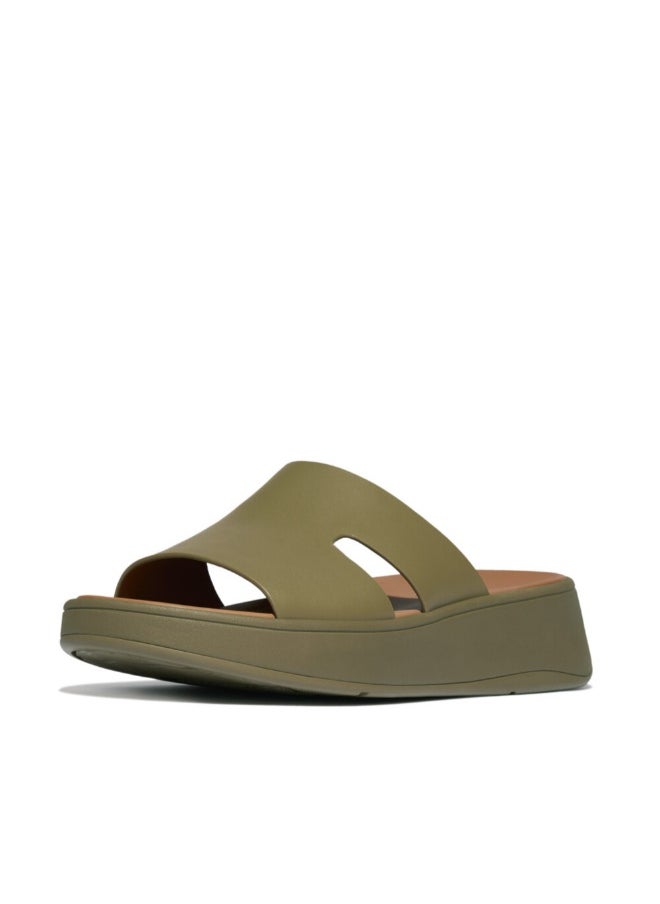 FitFlop 049-854 Fitflop Ladies F-Mode Raw-Edge Leather Flatform H-Bar Slides HM3-C14 Green  - Image 2